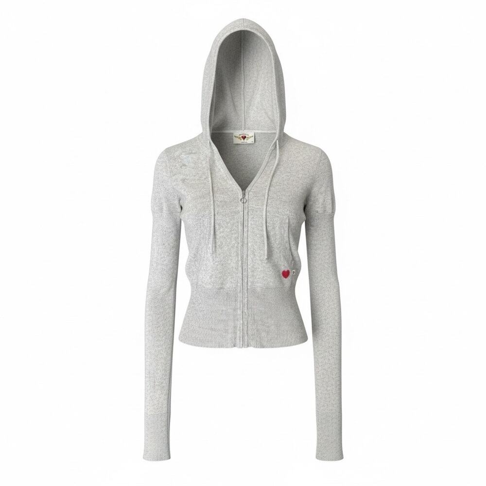 Twisted Heart Y2K Zip Hoodie Gray Fitted Knit Heart Zipper Medium